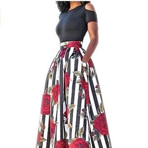 Red rose striped maxi skirt (pockets!)
